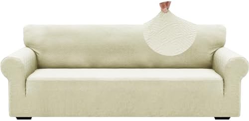 ZNSAYOTX 1 Piece Jacquard Couch Covers for 3 Cushion Couch High Stretch Sofa Cover for Pets Dogs Anti Slip Extra Large Sofa Slipcovers Furniture Protector (X-Large,New Pattern Light Beige) by ZNSAYOTX