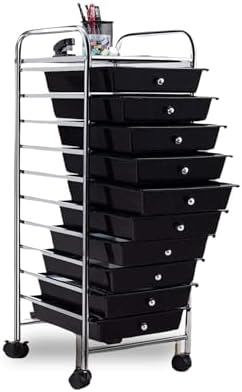 10-Drawer Rolling Storage Cart, Trolley w/Lockable 360° Wheels, 10 Removable PP Drawers, Sturdy Metal Frame, Rolling Utility Cart Perfect for Home, Office, Classroom (Black) by BUYNOW