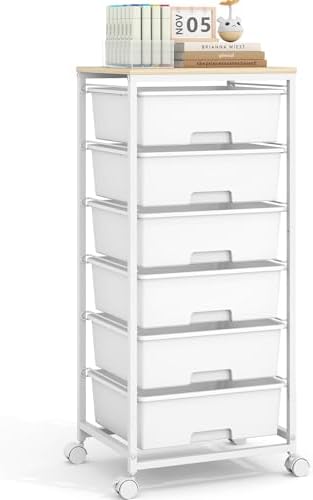 6 Drawer Rolling Storage Cart with Wooden Top and Wheels for Crafts,White by APEXCHASER
