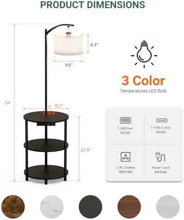 Round Side Table with Lamp and USB Ports, 3-Tier Small End Table for Living Room & Bedroom, Rustic Wood Metal Nightstand for Small Spaces, Easy to Assemble, Charcoal Wenge - Image 3