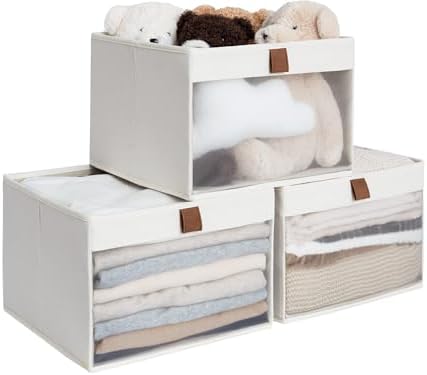 StorageWorks Fabric Storage Bins with Clear Window, Beige, 3-Pack by StorageWorks
