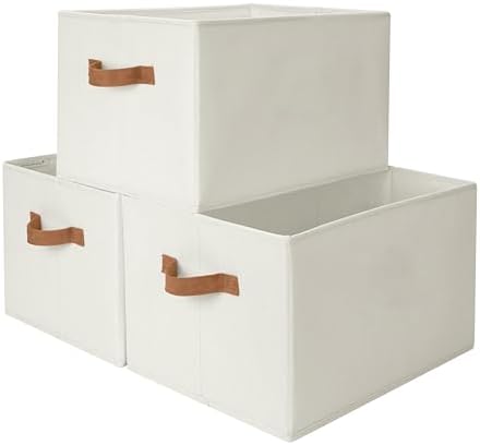 StorageWorks Closet Storage Bins with PU Handles, Ivory White, Extra Large by StorageWorks