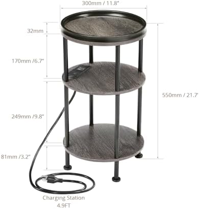 Small Round Side Table with Charging Station for Small Spaces, 3-Tier Accent Table with USB Ports & Power Outlets, Sofa Corner Tea Table for Living Room Nightstand Bedroom Apartment (Grey) - Image 3