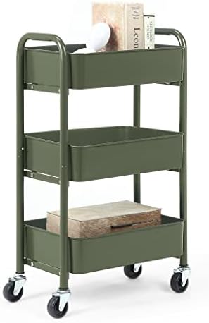 SunnyPoint 3-Tier Delicate Compact Rolling Metal Storage Organizer - Mobile Utility Cart Kitchen/Under Desk Cart with Caster Wheels - Army (15.35" X 10.24" X 26.8"H) by SunnyPoint