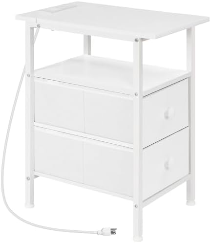 HOOBRO End Table with Charging Station, Narrow Side Table, Nightstand with 2 Non-Woven Drawers, Slim Sofa Side Table, for Small Spaces, Living Room, Bedroom, White WT486UBZ01 by HOOBRO