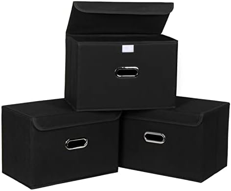 Fabric Foldable Collapsible Storage Cube Bin Organizer Basket with Lid, Handles, Removable Divider for Home, Closet (Black, 3Pcs) by SEVENDOME