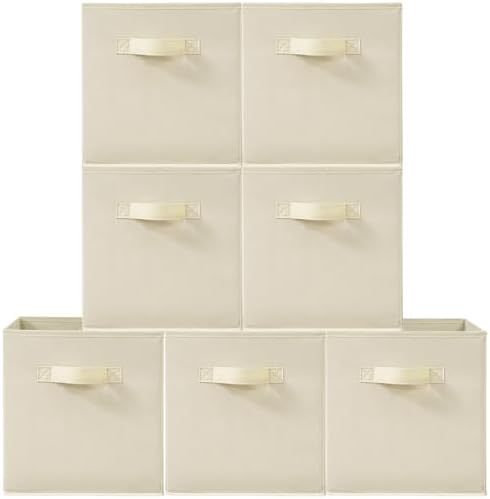 11 Inch Fabric Storage Cubes, Sturdy Foldable Storage Bins, Heavy Duty Cube Organizer for Clothes, Blankets, Shelves, Closets, Bedroom, Living Room, Beige, 7 Pack by Unknown