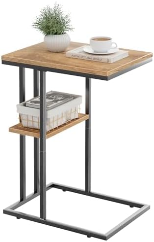 C Shaped End Table, Small Side Table for Couch and Bed, Wood Snack Table with Metal Frame for TV Tray, Sofa, Living Room, Bedroom, Bedside (Oak) by Katrawu