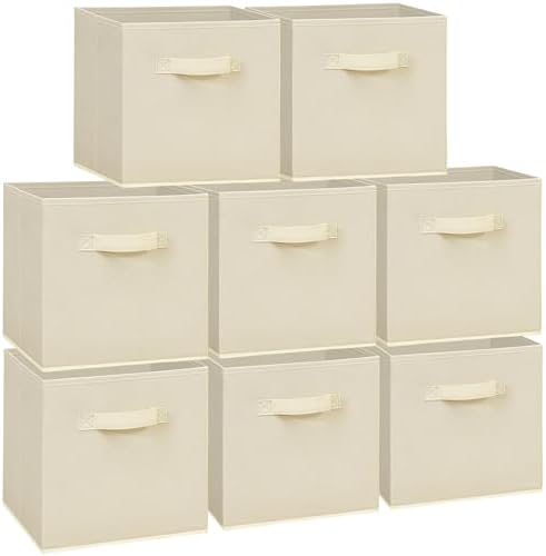 11 Inch Fabric Storage Cubes, Sturdy Foldable Storage Bins, Heavy Duty Cube Organizer for Clothes, Blankets, Shelves, Closets, Bedroom, Living Room, Beige, 8 Pack by Unknown
