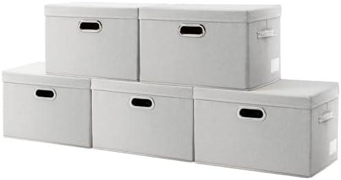PRANDOM Large Collapsible Storage Containers with Lids [5-Pack] Fabric Foldable Storage Bins Boxes Organizer Baskets Cube with Cover for Home Bedroom Closet Office Beige(17.3x11.8x11.8) by Prandom