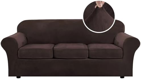 H.VERSAILTEX Modern Velvet Plush 4 Piece High Stretch Sofa Slipcover Cover Form Fit Luxury Thick Velvet Extra Large Sofa Cover for 3 Cushion Couch Width Up to 105 Inch (XL Sofa, Brown) by HVERSAILTEX