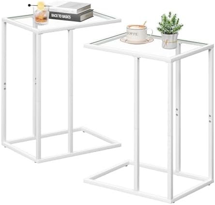 Easy Paws Small C Shaped End Table Set of 2, Glass Couch Side Snack Table for Living Room, Bedroom,TV Tray Table for Sofa,Accent Coffee Table,Nightstand with Metal Frame(White) by Easy+Paws