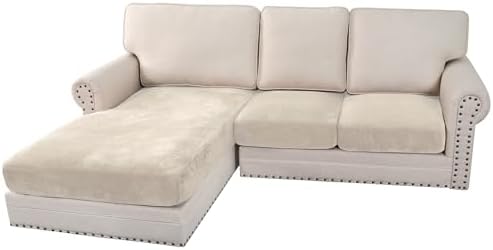 H.VERSAILTEX Velvet Stretch Sectional Couch Covers 3 Pieces Sofa Seat Cushion Covers L Shape Separate Cushion Couch Cover for Both Left/Right Sectional Couch (Large Sofa 2 Seater + 1 Chaise, Ivory) by HVERSAILTEX