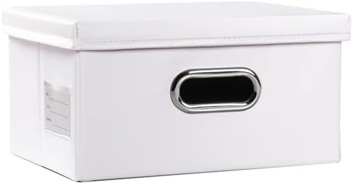 PRANDOM Collapsible Storage Box with Lid [1-Pack] Leather Fabric Foldable Storage Bin Organizer Container Basket Cube with Cover for Home Bedroom Closet Office Nursery White (13.6x9.6x6.9) by Prandom