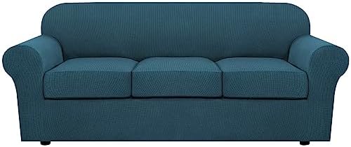 H.VERSAILTEX 4 Piece Stretch Sofa Covers for 3 Cushion Couch Covers for Living Room Furniture Slipcovers (Base Cover Plus 3 Seat Cushion Covers) Upgraded Thicker Jacquard Fabric (Sofa, Deep Teal) by HVERSAILTEX
