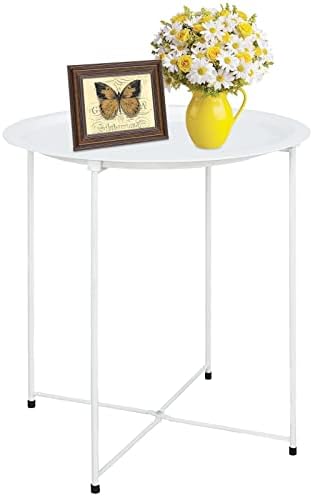 Garden 4 you End Table Metal Side Table White Round Folding Tray Cyan Sofa Small Accent Fold-able Table, Round End Table Tray, Next to Sofa Table, Snack Table for Living Room and Bed Room by Garden4you