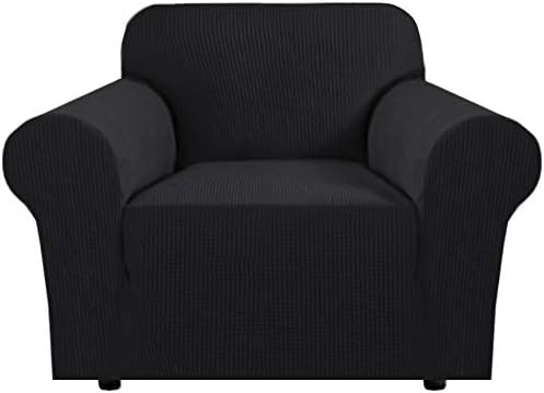 H.VERSAILTEX Stretch Chair Cover 1 Piece Armchair Cover Slip Covers for Sofas/Couches with Elastic Bottom Soft Thick Furniture Protector for Dogs Cats Jacquard Small Checked(Armchair 31"-40", Black) by HVERSAILTEX