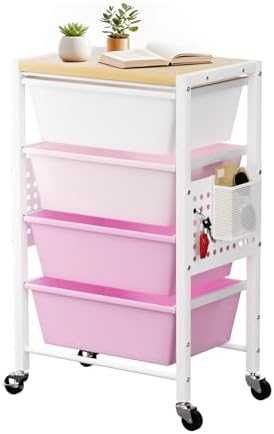 Rolling Cart with 4 Drawers, Plastic Drawer Storage Carts with Wheels & Wooden Tabletop, Metal Utility Cart with Pegboards, Office Living Room Classroom Craft Organization and Storage, Bright Pink by TimeForest