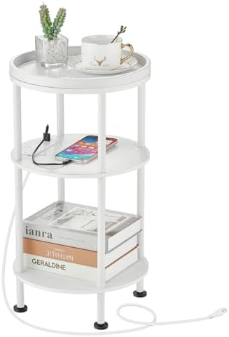 Small Round End Table with Charging Station, 3-Tier Accent Couch Beside Table with USB Ports & Power Outlets, Sofa Side Table for Living Room Small Nightstand Bedroom (USB Charger, White) by Zexvida
