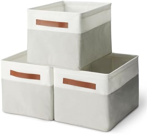 Amazon Basics Collapsible Storage Bins with Faux Leather Handles, Foldable Organizing Containers for Closet, Clothes, Toys, Linen, Large, 3-Pack by AmazonBasics