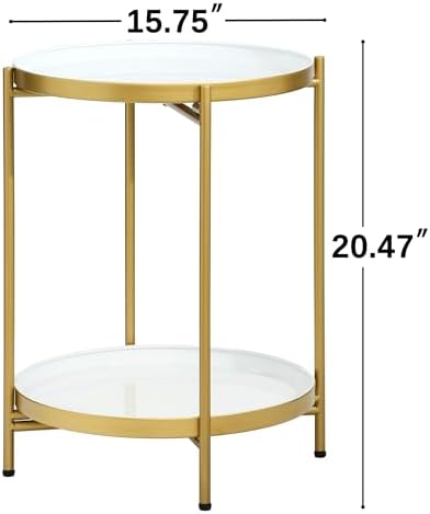 2-Tier Round End Side Table, Small Metal Side Table with Removable Tray, Folding Accent Tables for Living Room, Balcony, Nightstand for Bedroom, Outdoor Tables for Patio, Gold&White - Image 3