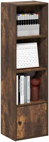 Furinno LUDER Book Shelf, 4-Tier Bookshelf with Open Shelf, Standing Bookcase with 1 Door Cabinet, 9.3 x 12 x 41.8, for Organization and Storage, for Living Room, Bedroom, Home Office, Amber Pine by Furinno-FitsYourSpaceFitsYourBudget