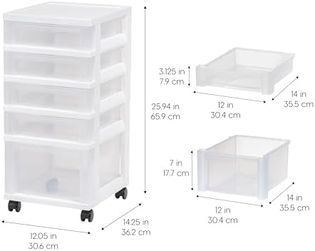 IRIS USA 5-Drawer Rolling Storage Cart with Organizer Top, White/Clear - Image 3