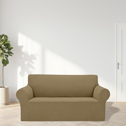 Cupuamon 2026 New Stretch Loveseat Sofa Slipcovers Couch Cover for 2 Cushion Furniture Protector Sofa Covers with Elastic Bottom Jacquard Fabric Small Checks for Pets, Kids - Tan - Image 3