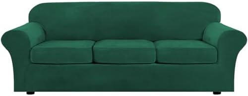 H.VERSAILTEX Modern Velvet Plush 4 Piece High Stretch Sofa Slipcover Furniture Protector Form Fit Velvet Extra Large Sofa Cover for 3 Cushion Couch Width Up to 105 Inch(XL Sofa, Vintage Green) by HVERSAILTEX