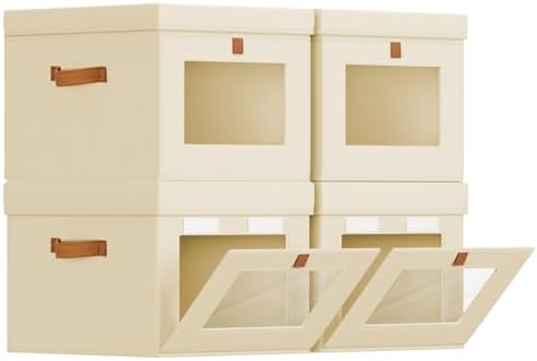 Homsorout Storage Bins with Lid – Closet Organizer with Side Opening and Clear Window, Foldable Stackable Fabric Basket for Clothes, Home, Office - 13.77" x 11.8" x 9.8", 4 Pack, Beige by Homsorout