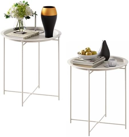 End Table Set of 2, Outdoor Side Table, Small Patio Round Folding Metal Side Tables for Outdoor,Living Room,Bedroom Balcony and Office, 2 PCS by Elitehouse