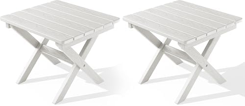 SERWALL Small Folding Outdoor Side Table Set of 2, HDPE End Table, White by SERWALL