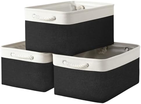 TheWarmHome Storage Basket for Organizing - Large 3 Pack 15.7x11.8x8.3 inch Collapsible Storage Bin for Shelves with Handles Laundry Cube Toy Closet Nursery (Whiet & Black) by TheWarmHome