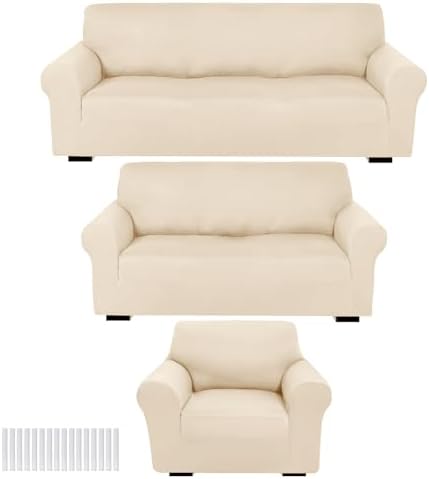 Peryiter 3 Pcs Couch and Loveseat Sofa Covers,Cream,Milk Silk by Peryiter