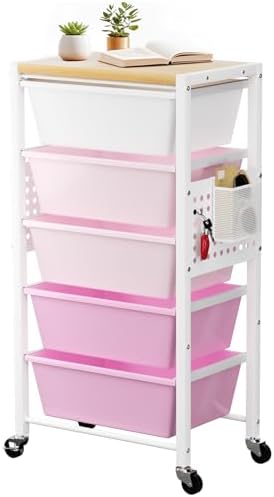 Rolling Cart with 5 Drawers, Plastic Drawer Storage Carts with Wheels & Wooden Tabletop, Metal Utility Cart with Pegboards, Office Living Room Classroom Craft Organization and Storage, Bright Pink by TimeForest