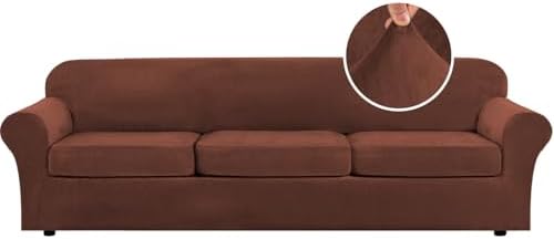 H.VERSAILTEX Modern Velvet Plush 4 Piece High Stretch Sofa Slipcover Furniture Protector Form Fit Velvet Extra Large Sofa Cover for 3 Cushion Couch Width Up to 105 Inch (XL Sofa, Burnt Brick) by HVERSAILTEX