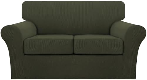 Turquoize 3 Piece Sofa Covers for 2 Cushion Couch Sofa Slipcover Soft Couch Cover for Dogs-Washable Sofa Furniture Cover with 2 Individual Cushion Covers, Thick Jacquard Fabric (Loveseat, Olive) by Turquoize