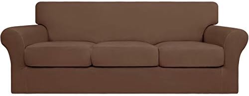 Easy-Going 4 Pieces Stretch Soft Couch Cover for Dogs - Washable Sofa Slipcover for 3 Separate Cushion Couch - Elastic Furniture Protector for Pets, Kids (Sofa, Brown, Large) by Easy-Going