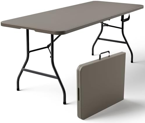 Folding Table 6FT Heavy Duty Plastic Table with Handle, Foldable&Portable, Fold-in-Half Utility Tables for Outdoor, Dining, Wedding, Events, Indoor, Picnic, Camping, Party,Khaki by FoldingFurniture