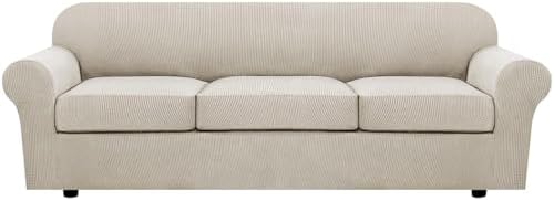 H.VERSAILTEX 4 Piece Stretch Sofa Covers for 3 Cushion Couch Covers for Living Room Furniture Slipcovers (Base Cover Plus 3 Seat Cushion Covers) Thicker Jacquard Fabric (Large Sofa, Island Fossi) by HVERSAILTEX