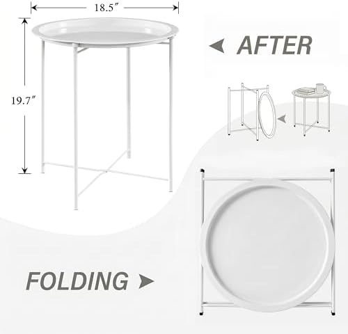 VECELO Side/End Table, Folding Round Metal Anti-Rust and Waterproof Outdoor or Indoor Tray for Living Room Bedroom Balcony and Office, 2 PCS, Beige - Image 3