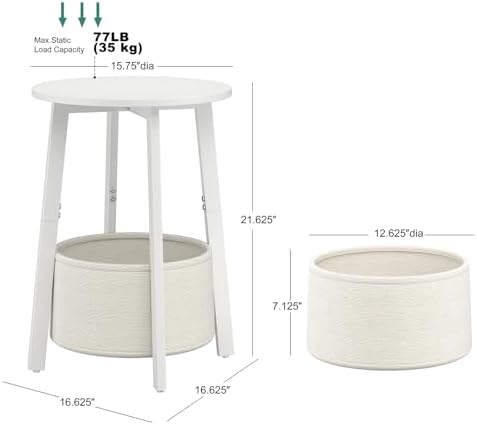 sthmec Small Round Side End Table with Cloth Storage Basket, Round Bedside Sofa Couch Coffee Tables for Small Places with Metal Frame, Modern Nighstands for Living Room Bedroom,White - Image 3