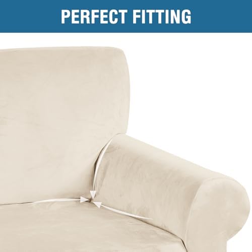 H.VERSAILTEX Stretch Velvet Loveseat Covers for 2 Cushion Couch Covers for Living Room Sofa Covers with Non Slip Straps Bottom, Ultra Thick Comfy Velour (Width 58"-72", Cream) - Image 4