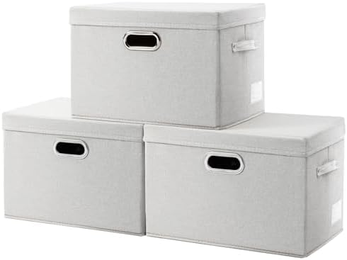 PRANDOM Collapsible Storage Bin with Lid [3-Pack] Fabric Foldable Storage Box Organizer Container Basket Cube with Cover for Home Bedroom Closet Office Beige(15.3x10x9.7) by Prandom