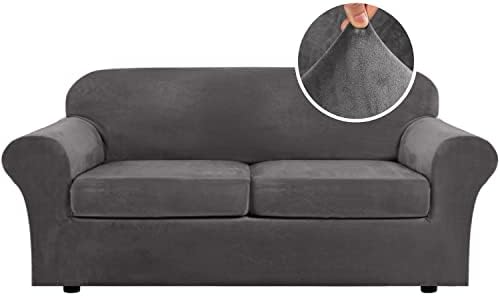 H.VERSAILTEX Real Velvet Plush 3 Piece Stretch Sofa Covers Couch Covers for 2 Cushion Couch Sofa Slipcovers Width Up to 90 Inch Feature Thick Soft Stay in Place (Large Sofa, Grey) by HVERSAILTEX