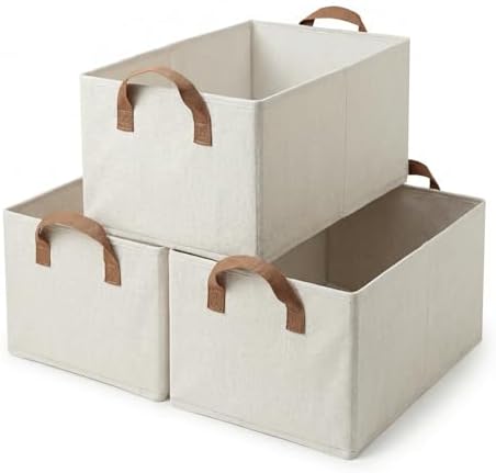 3 Pack Storage Bins Fabric Collapsible Organizers with Handles Sturdy Canvas with PP Board Beige Foldable Storage Box for Closet Shelves, Books, Toys, Clothes, Office Organization by Unknown