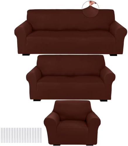 Peryiter 3 Pcs Couch and Loveseat Sofa Covers,Coffee Brown,Milk Silk by Peryiter