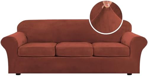 H.VERSAILTEX Modern Velvet Plush 4 Piece High Stretch Sofa Slipcover Cover Furniture Protector Form Fit Luxury Thick Velvet Extra Large Sofa Cover for 3 Cushion Couch (XL Sofa, Rust) by HVERSAILTEX