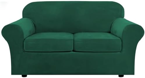 H.VERSAILTEX Real Velvet Plush 3 Piece Stretch Sofa Covers Couch Covers for 2 Cushion Couch Loveseat Covers Width Up to 72 Inch Feature Thick Soft Stay in Place (Medium Sofa, Vintage Green) by HVERSAILTEX