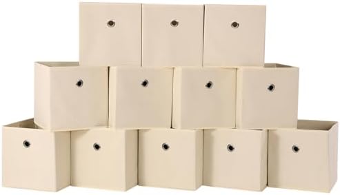 Foldable Storage Cubes Bins ,11 Inch Cloth Storage Cube Fabric Storage Box Cubes Organizer Baskets with Dual Handles for Home Organizer Set of 12 (Creamy-White) by NieEnjoy